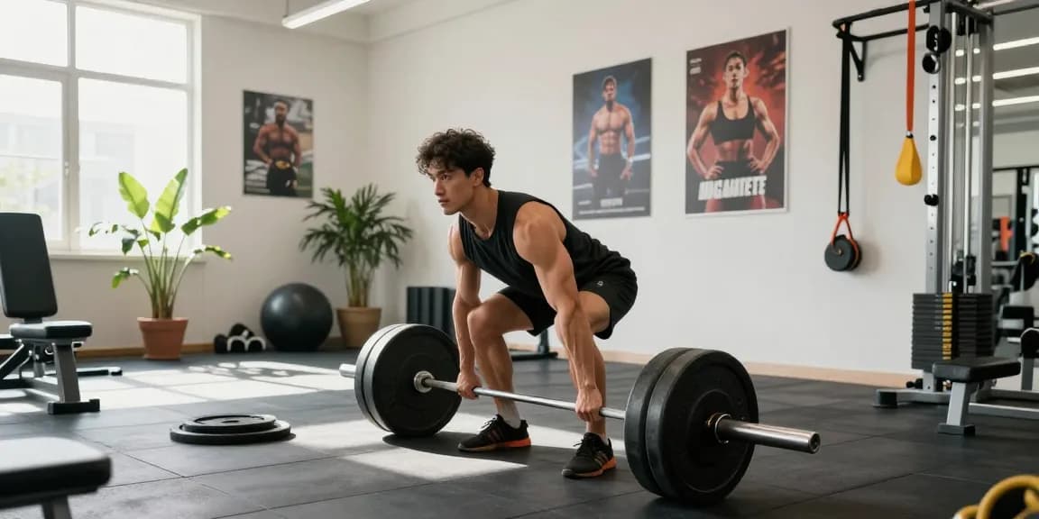 Selliza Shop Kunden im Fitnessstudio beim Deadlift mit motivierenden Plakaten im Hintergrund