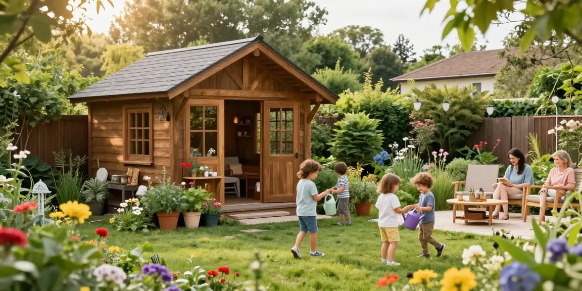 Garten Haus aus Holz im Garten umgeben von bunten Blumen und Familienaktivitäten