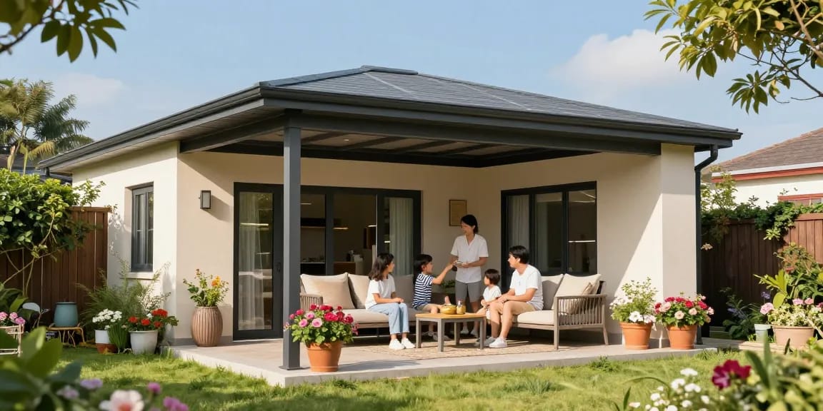 Familie genießt Zeit im Freien unter einer freistehenden Terrassenüberdachung in sonnigem Garten.