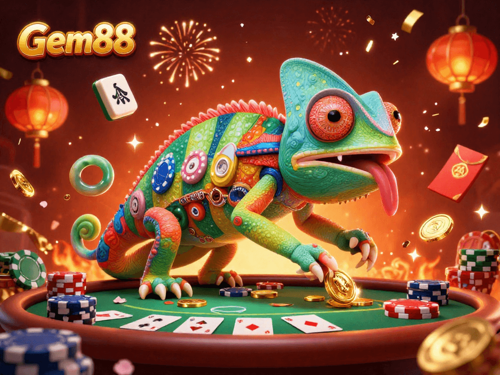 Experience the thrill of Gem88 with a vibrant chameleon casino owner amidst festive gaming elements.