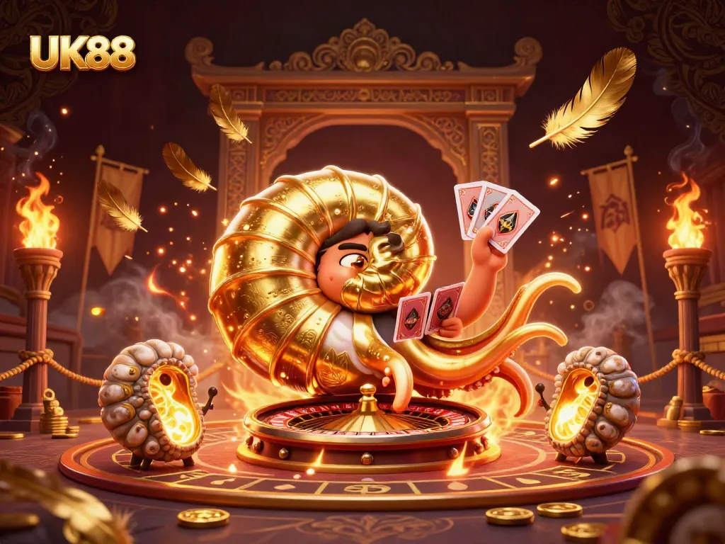 Experience thrilling gameplay with UK88's ancient nautilus-themed roulette wheel and vibrant casino atmosphere.
