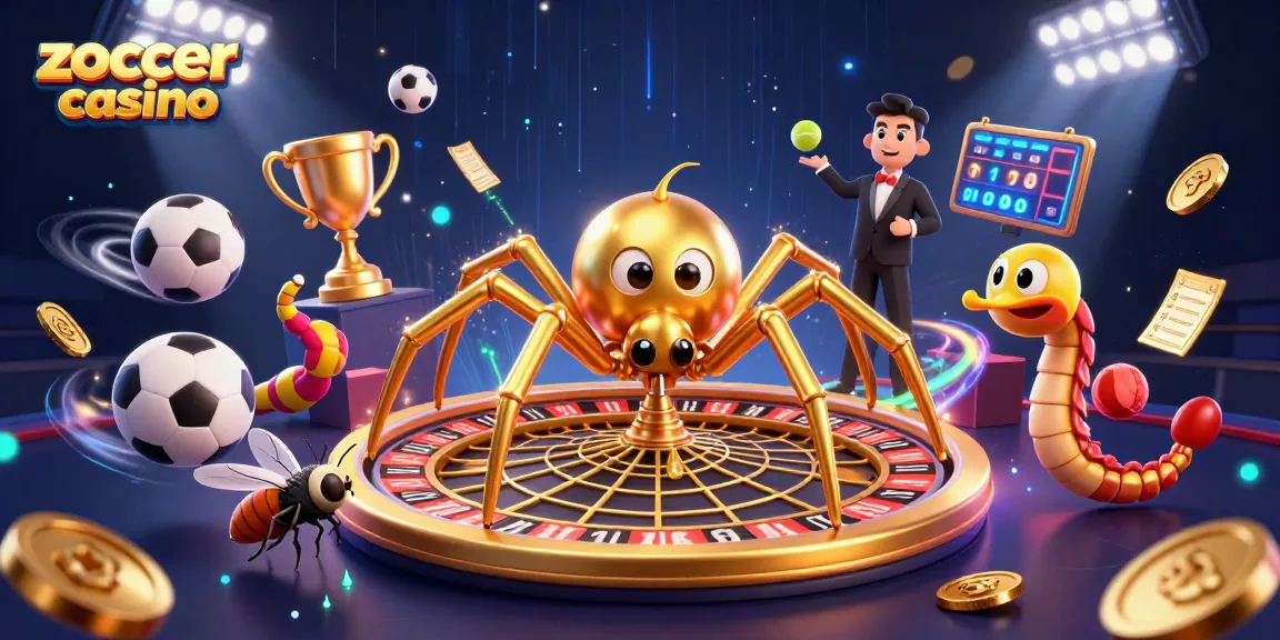 Bet on exciting games at Zoccer Casino, showcasing a dynamic 3D illustration of a spider and croupier.