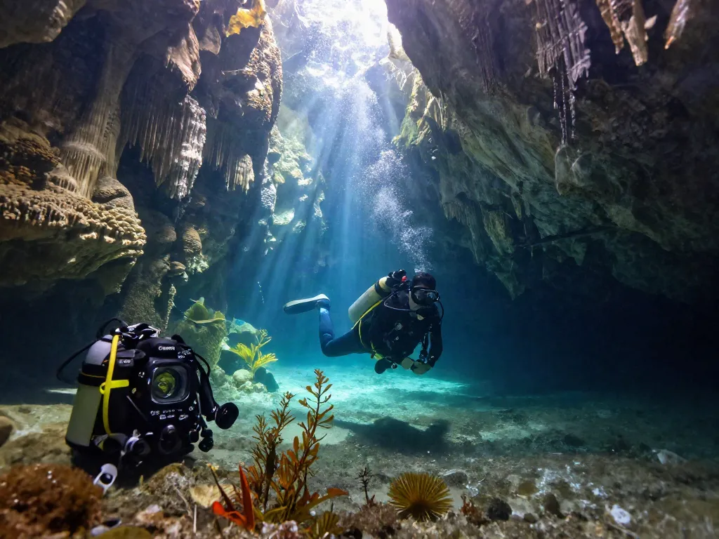 Höhlentauchen Mexiko: Taucher erkundet faszinierende Cenote mit Lichtstrahlen.