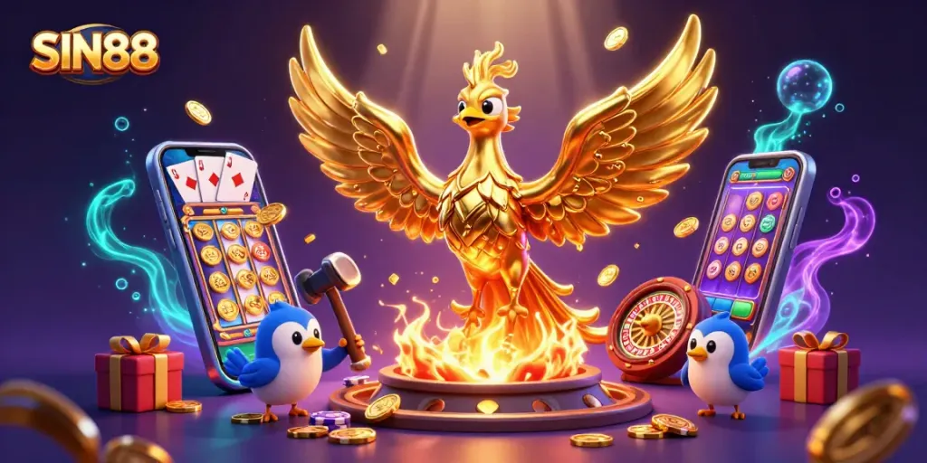 SIN88 golden phoenix emerging from molten metal, surrounded by vibrant casino gaming elements