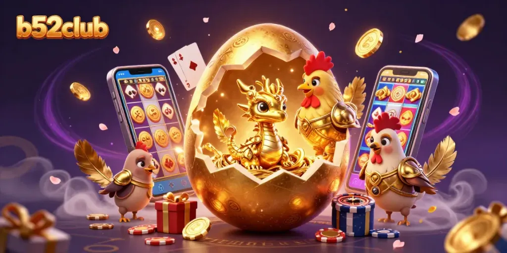 b52club showcases a captivating scene with a golden dragon on poker chips, emphasizing exciting gaming adventures.