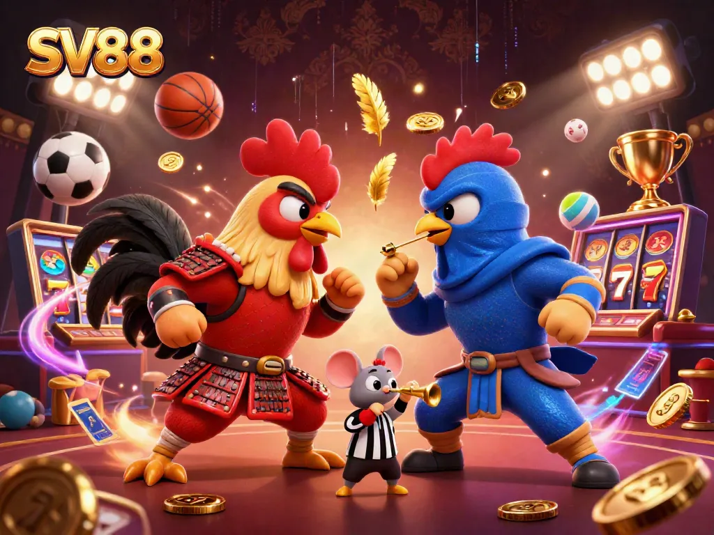 SV88 highlights a thrilling casino scene with dynamic 3D roosters in combat amidst slot machines and vibrant energy.