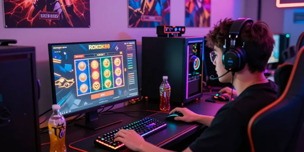 Player experiencing excitement at ROKOK88 slot login on a vibrant gaming setup.