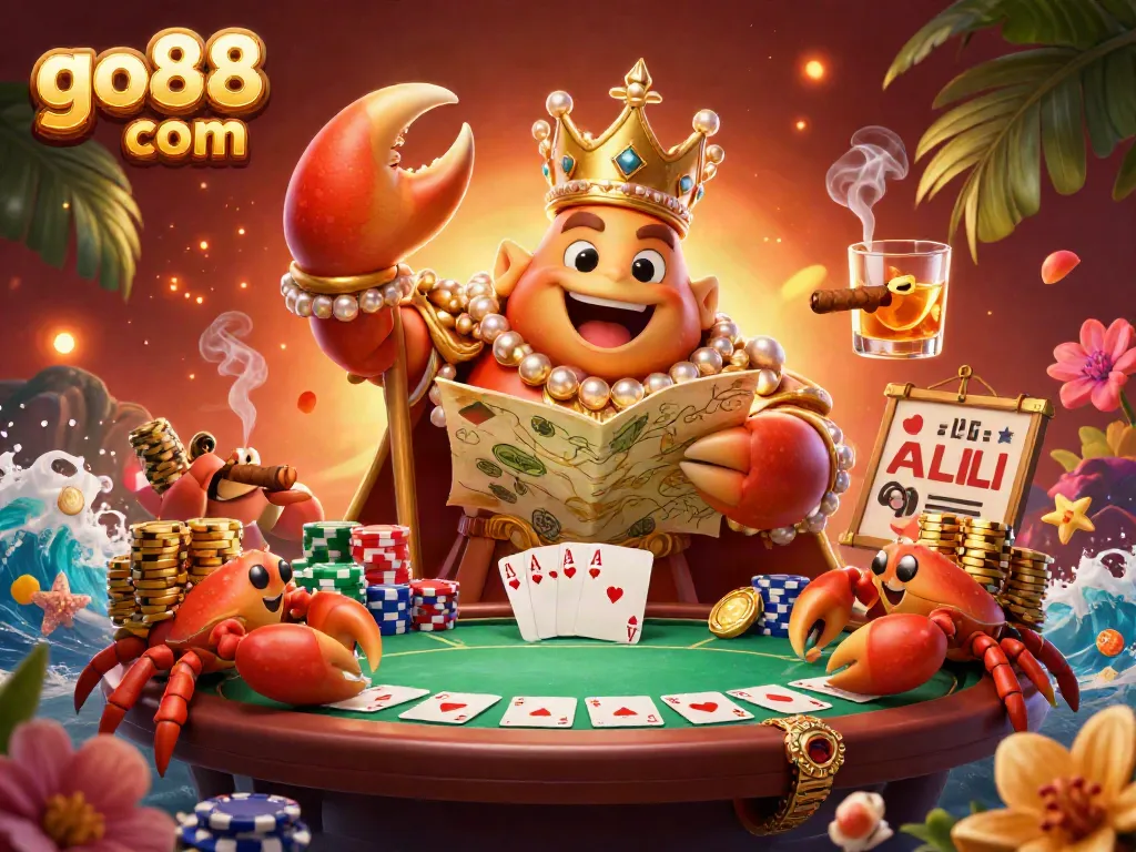 Experience excitement at go88 com with a golden crab emperor surrounded by vibrant poker elements and treasure.