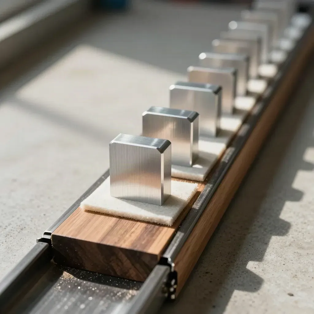 Geordnete Kleinserien-Metallteile auf einer Werkbahn im warmen Werkstattlicht.