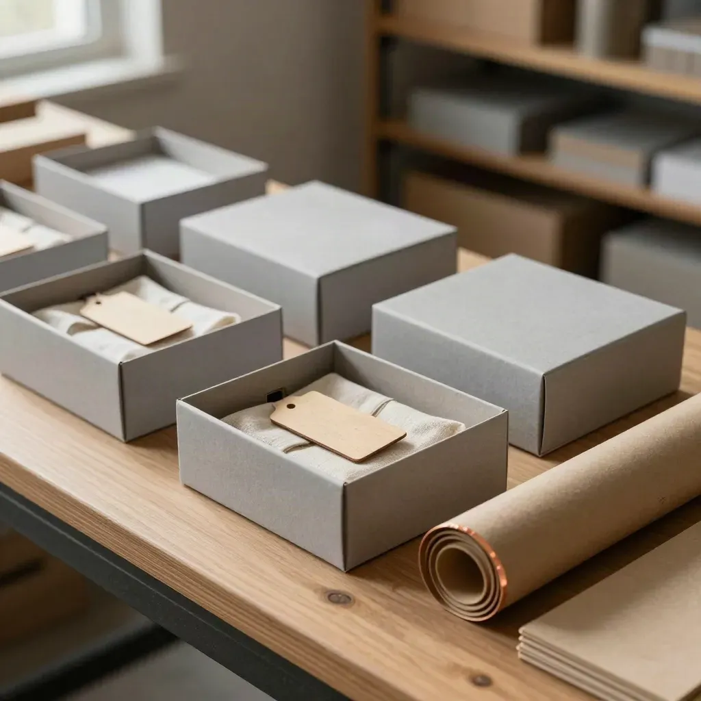 Geöffnete Geschenkboxen aus Karton mit Einlage, Holzanhänger und Leinen auf Werkbank.