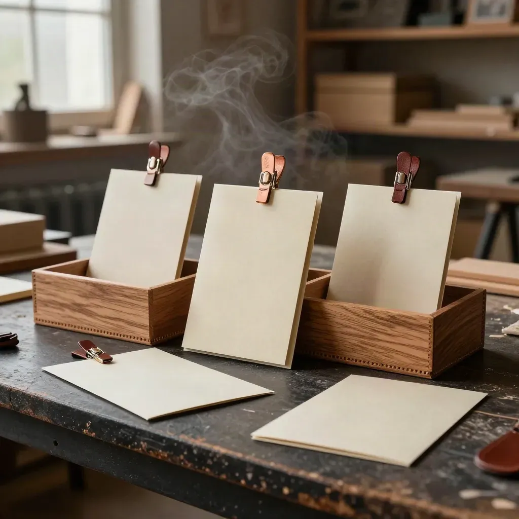 Offene Eichen-Geschenkboxen mit Lasergravur, Lederband und Seidenpapier im Werkstattlicht.