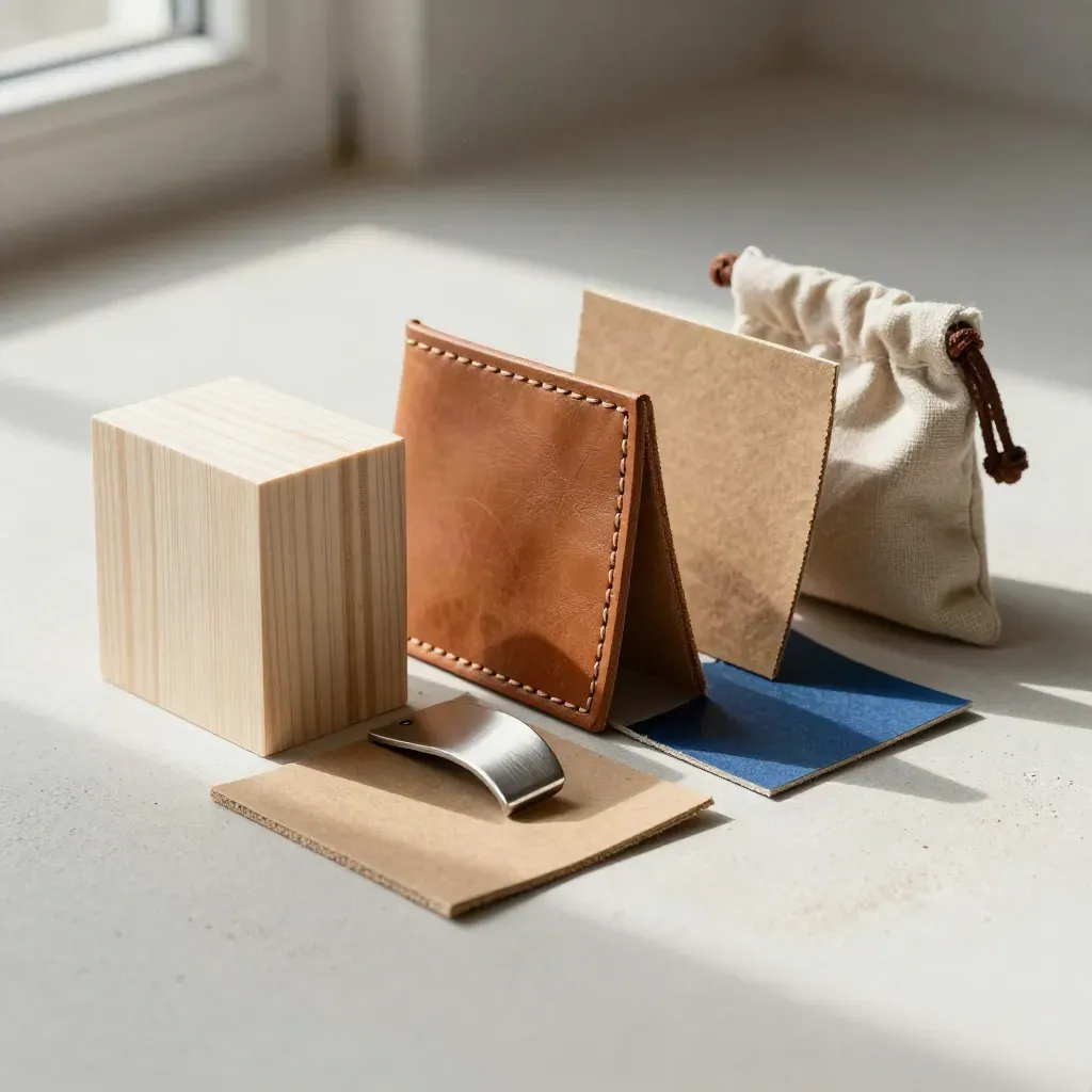 Prototypen aus Holz, Leder und Karton mit Metallclip auf hellem Putz