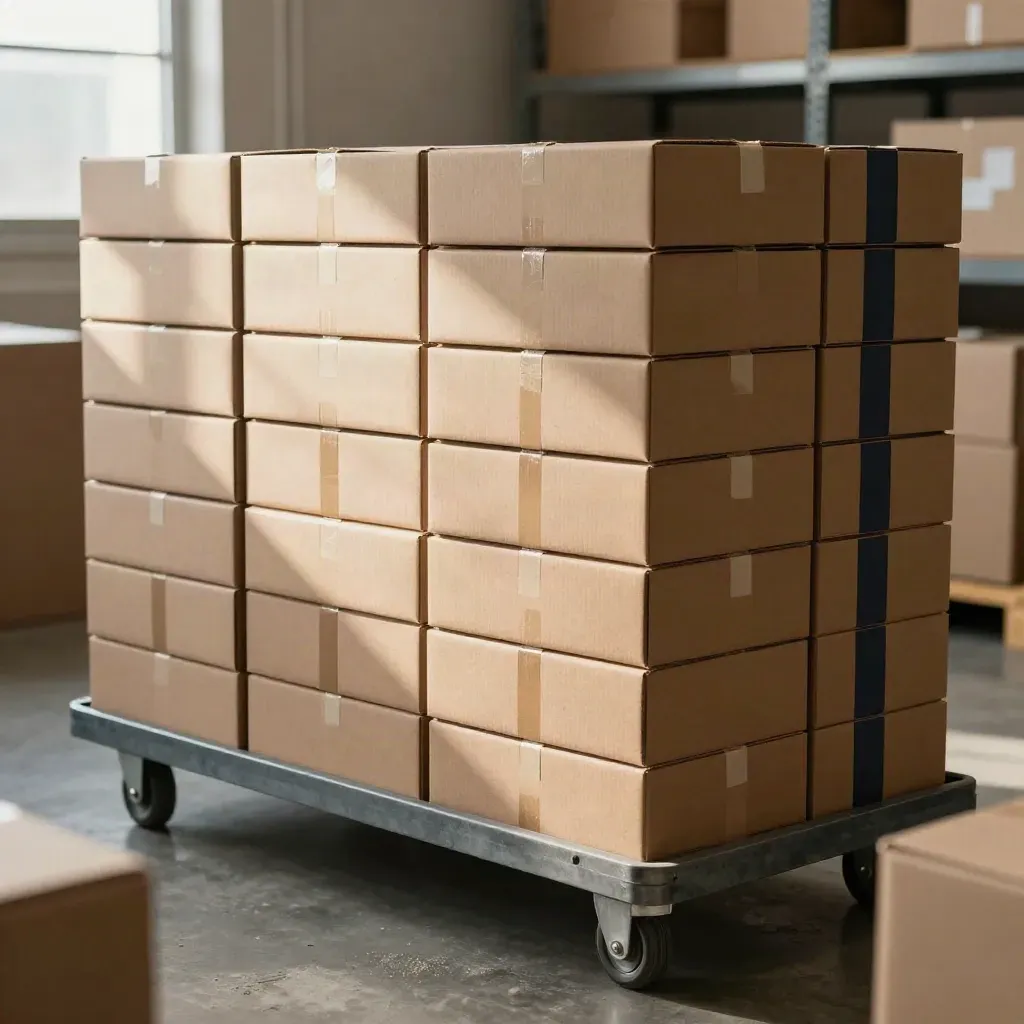 Gestapelte Welcome-Boxen auf Rollwagen in einer hellen Produktionshalle.