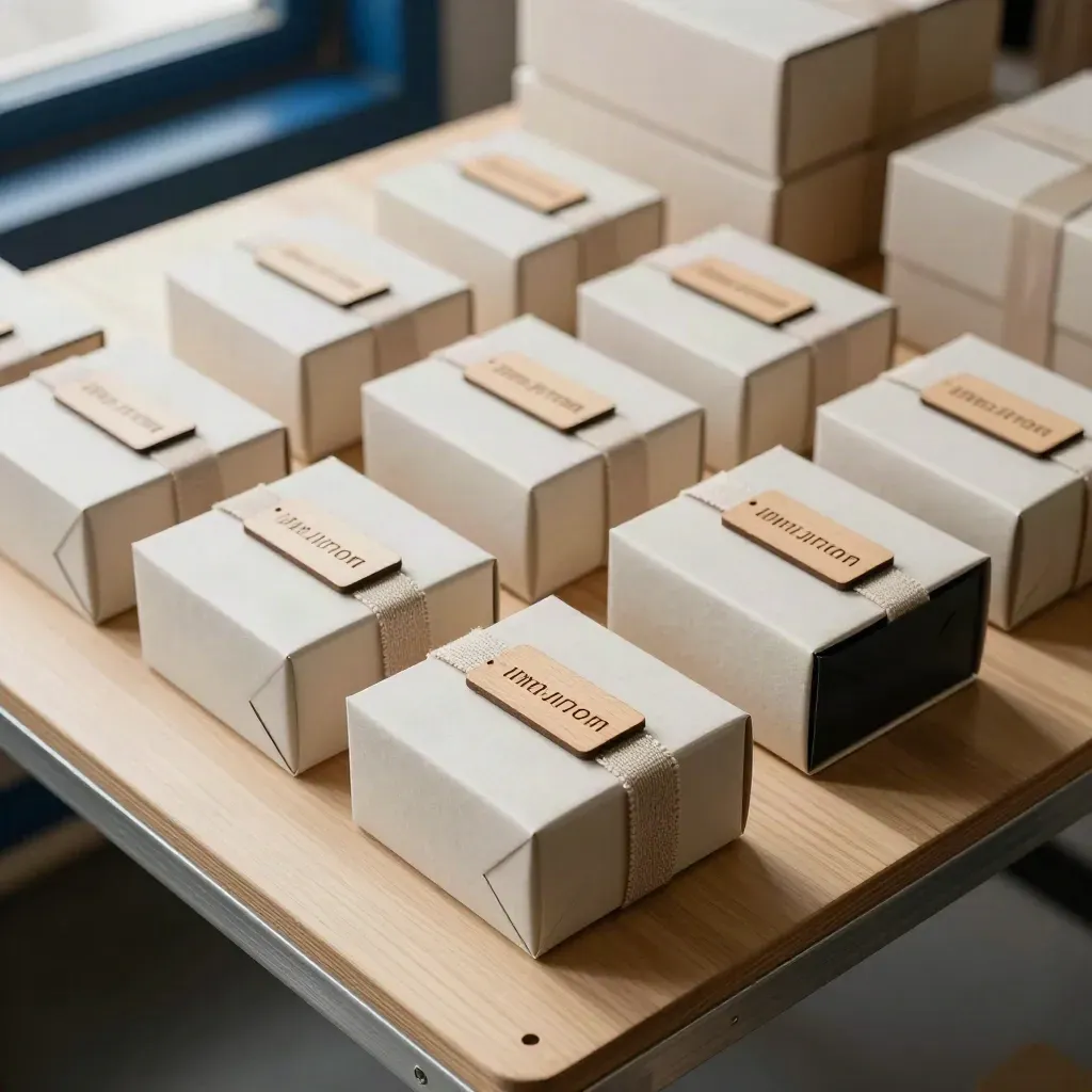 Versandfertige Geschenkboxen mit Holzanhängern und Leinenband für ein Architekturbüro