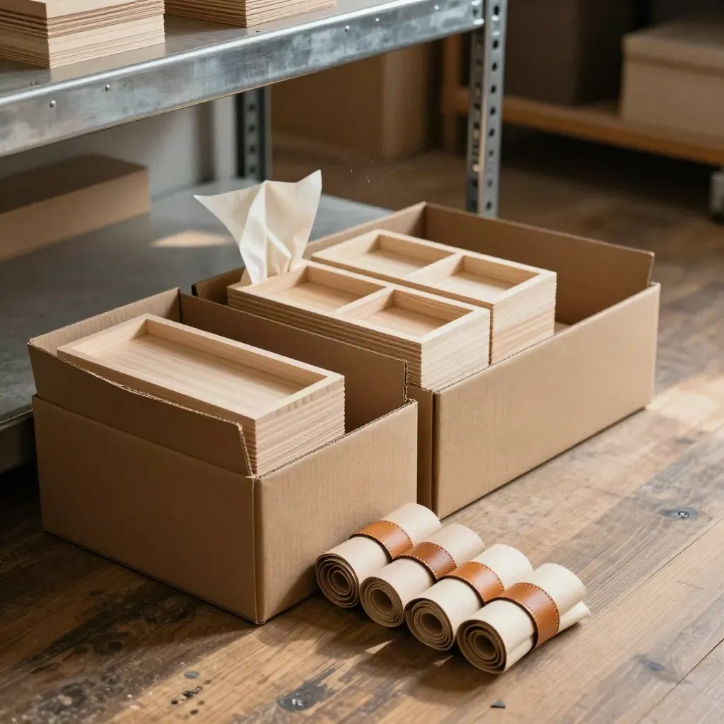 Offene Versandkartons mit fertigen Holz-, Karton- und Leder-Sets in einer Werkstatt.