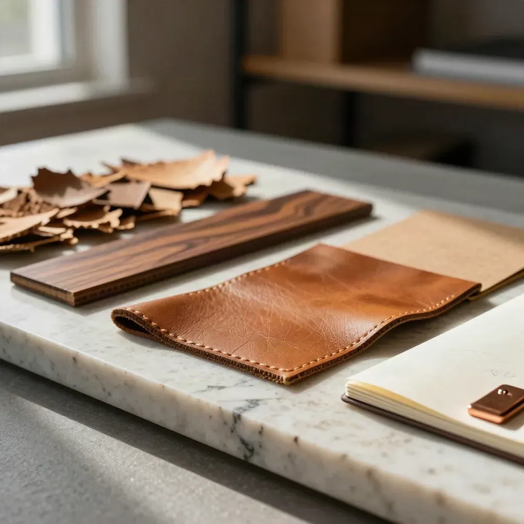 Makro von Holz-, Leder- und Kartonmustern mit Skizzenblock und Kupferclip auf Travertin.