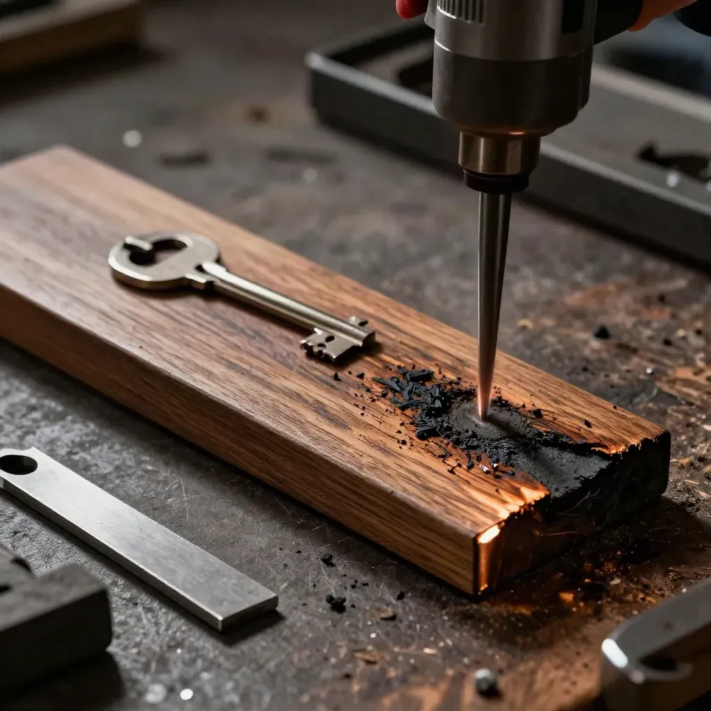 Graviertes Holzplättchen mit verkohlter Kante, Metallstück und Laser-Rest im dramatischen Licht.