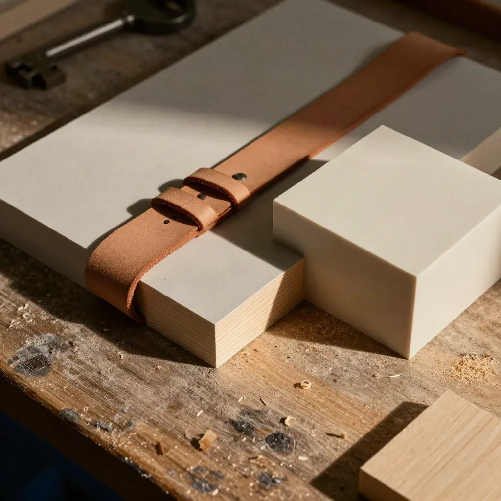 Prototypische Holz- und Ledermuster mit Fräskante und Probenwürfel auf bestäubter Werkbank