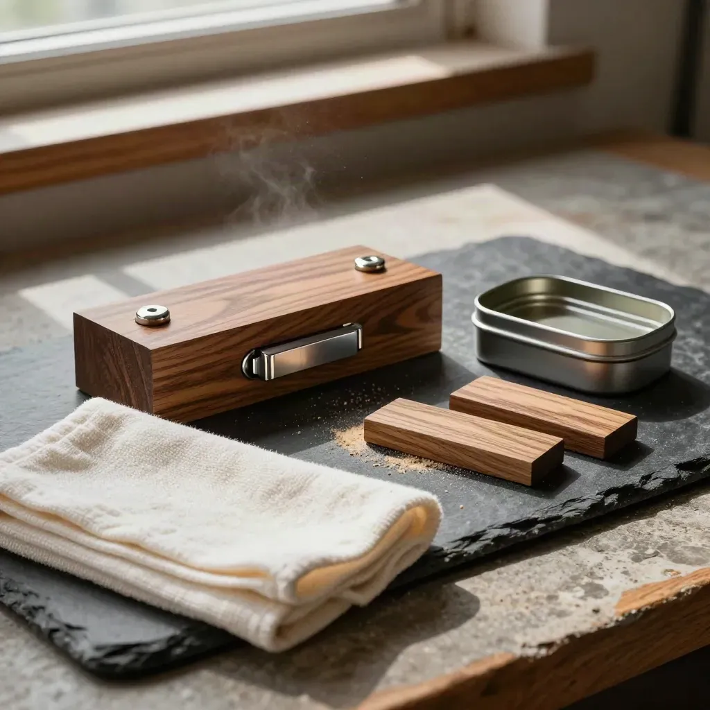 Polierte Holz- und Metallteile mit Stofflappen und Pflegedose auf dunklem Stein.