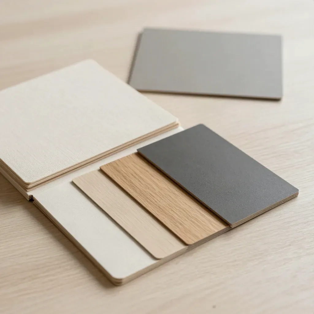 Materialswatches und Entwurfstableau auf hellem Holz, diagonal und ruhig inszeniert.