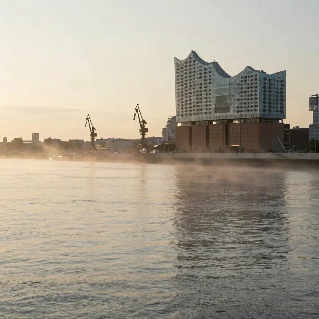 Elbphilharmonie über der Elbe im Nebel, Kräne als Silhouette, ruhiges Wasser im Vordergrund