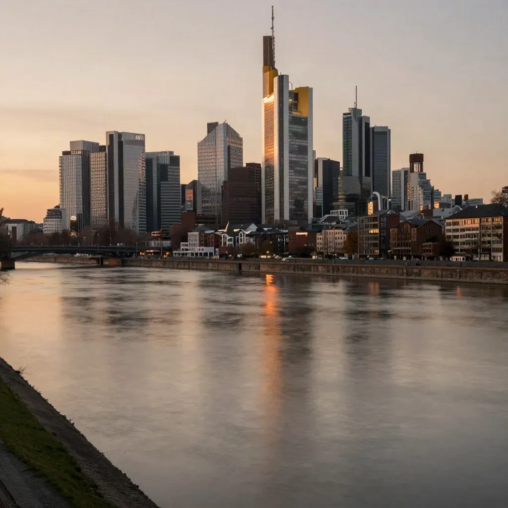 Frankfurter Skyline bei Sonnenuntergang vom Mainufer mit ruhigem Fluss und Dunst
