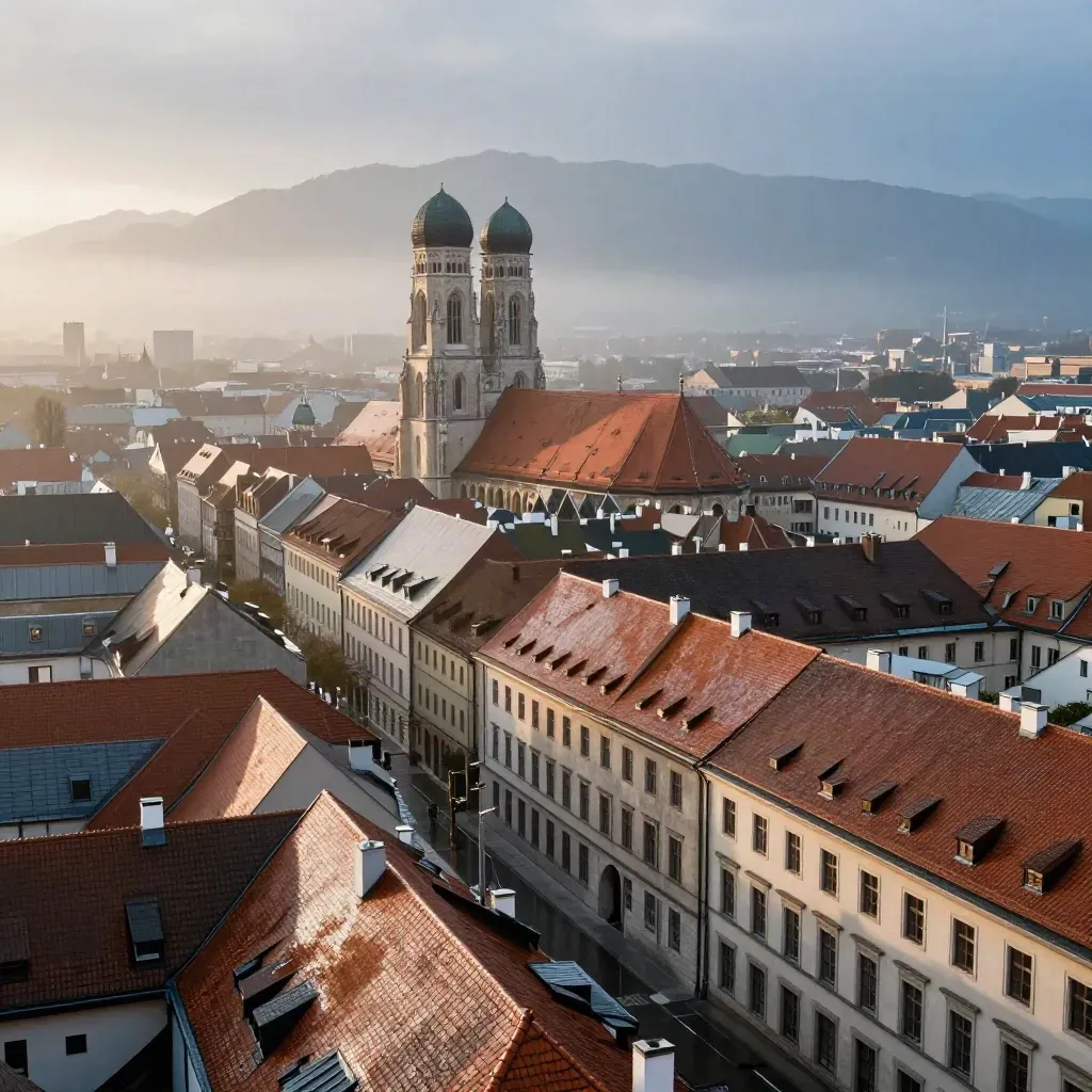München im Abendlicht mit Frauenkirche über warmen Dächern und Alpenhorizont nach Regen