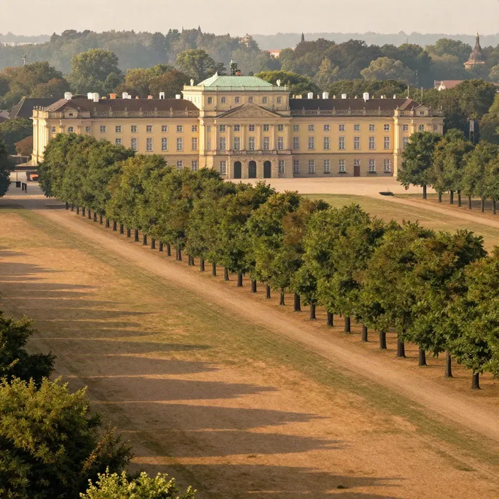 Sanssouci im warmen Dunst über stiller Parklandschaft, viel ruhige Fläche darunter.