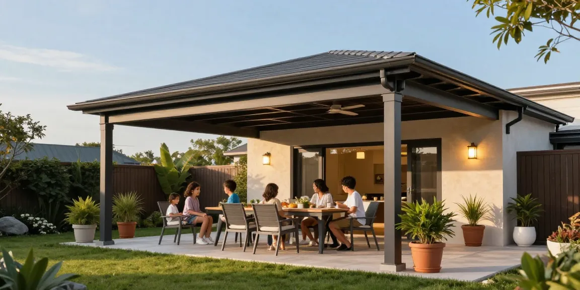 Freistehende Terrassenüberdachung im Garten, Familie genießt den Tag unter dem Dach.