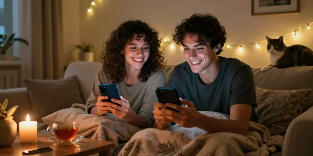 Couple enjoying free AI sex chat in a cozy setting with playful ambiance.