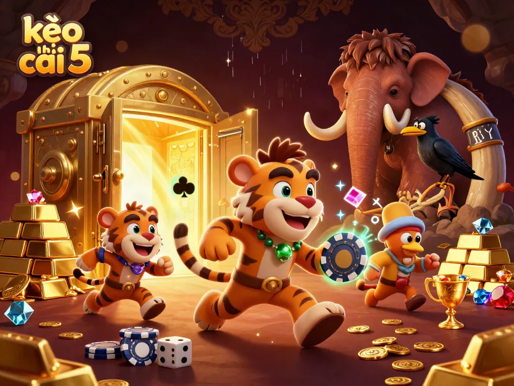 Engaging scene showcasing kèo nhà cái 5 in a lively prehistoric casino with vibrant treasures.