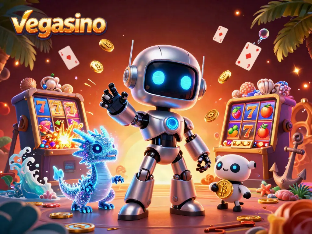 Immerse in vegasino's vibrant atmosphere, spinning reels and shiny tokens amidst a colorful casino scene.