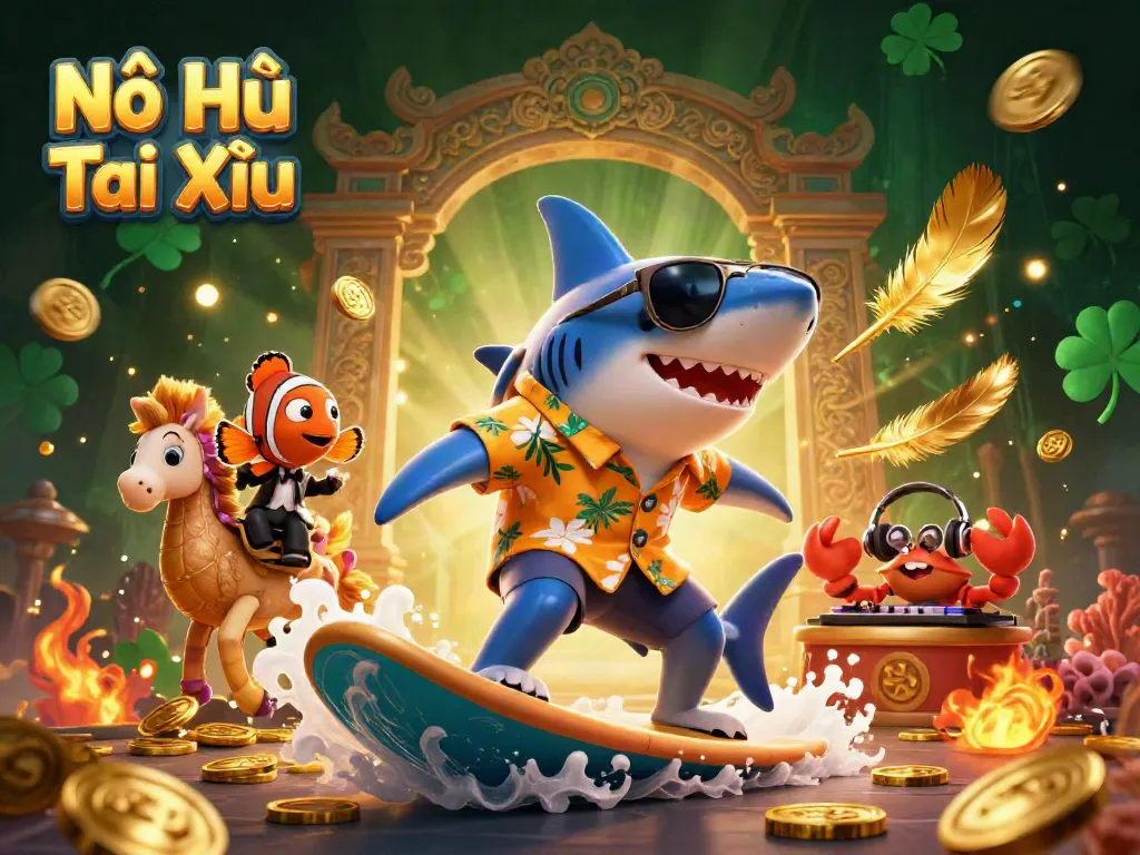 Experience the excitement of Nổ Hũ Tài Xỉu with a playful, vibrant 3D scene featuring dynamic characters and lively gold coin elements.