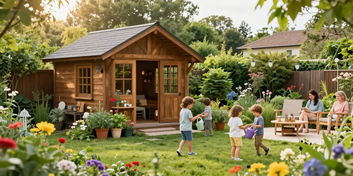 Garten Haus aus Holz im Garten umgeben von bunten Blumen und Familienaktivitäten