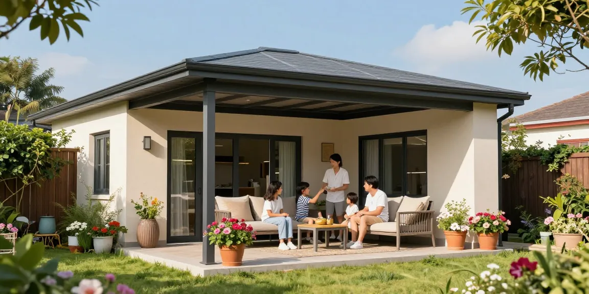 Familie genießt Zeit im Freien unter einer freistehenden Terrassenüberdachung in sonnigem Garten.