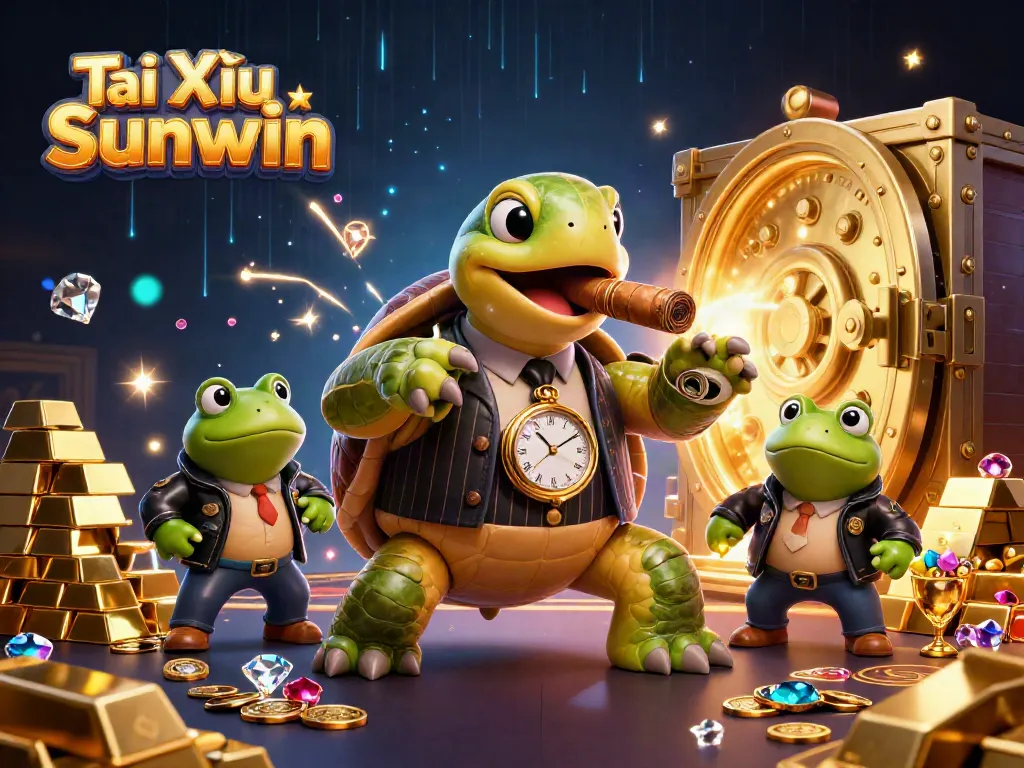 Tài Xỉu Sunwin showcases a cartoon turtle in a mobster suit, surrounded by treasure in a vibrant casino scene.