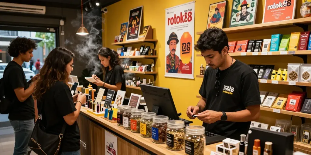 Customers exploring rokok88 products in a vibrant smoke shop atmosphere with stylish displays.