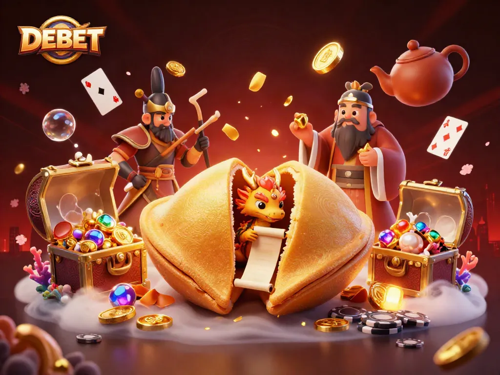 Experience DEBET's exhilarating gaming atmosphere with a golden fortune cookie and wise dragon amidst vibrant casino elements.