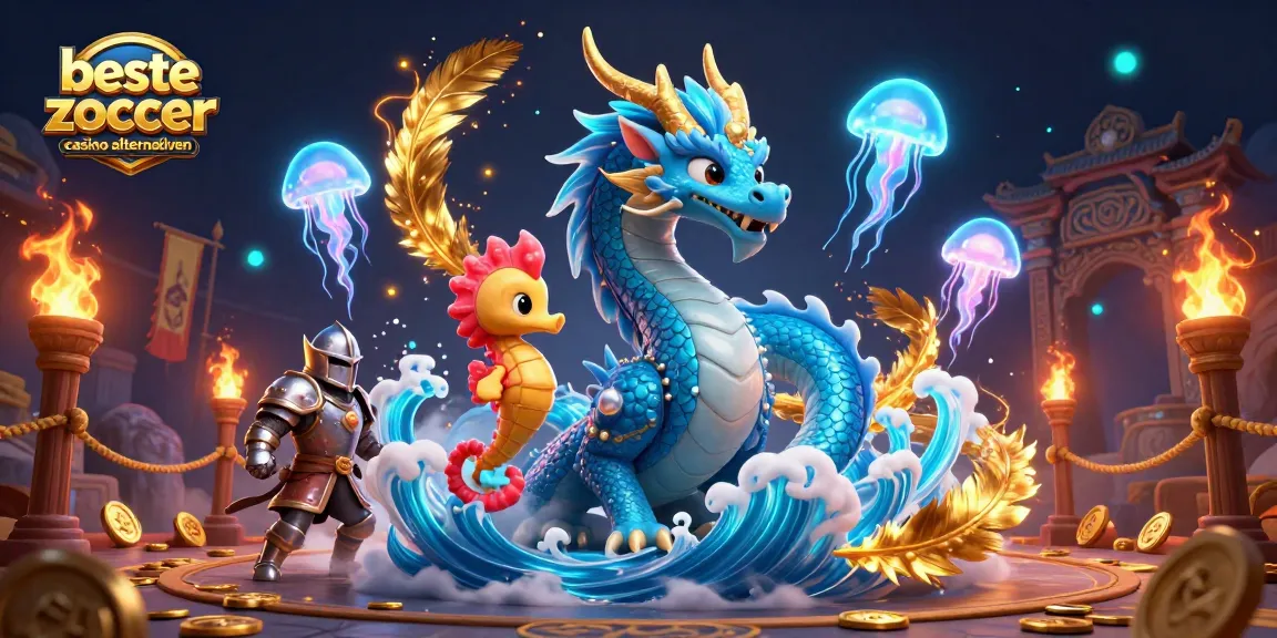 Die besten Zoccer Casino Alternativen entdecken in einer dynamischen 3D-Szene mit Drachen und Spielen.