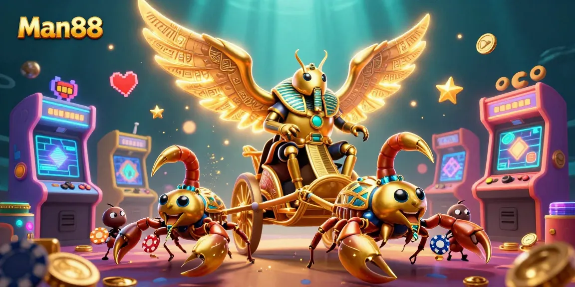 Engage in thrilling gameplay at Man88 with a vibrant, richly detailed casino scene featuring iconic gaming elements.