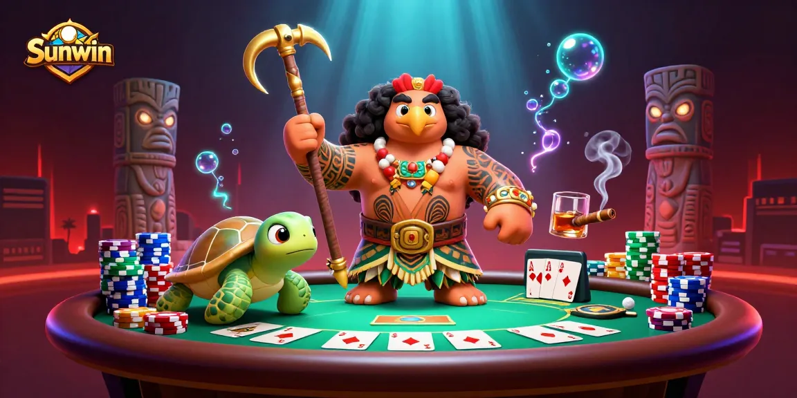 Sunwin hawk and turtle cartoon characters playing poker, with vibrant casino elements around.